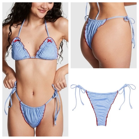 New Frankies Bikinis x Pink Reign Bikini Bottom Marina Gingham Blue 31420 - Picture 1 of 11